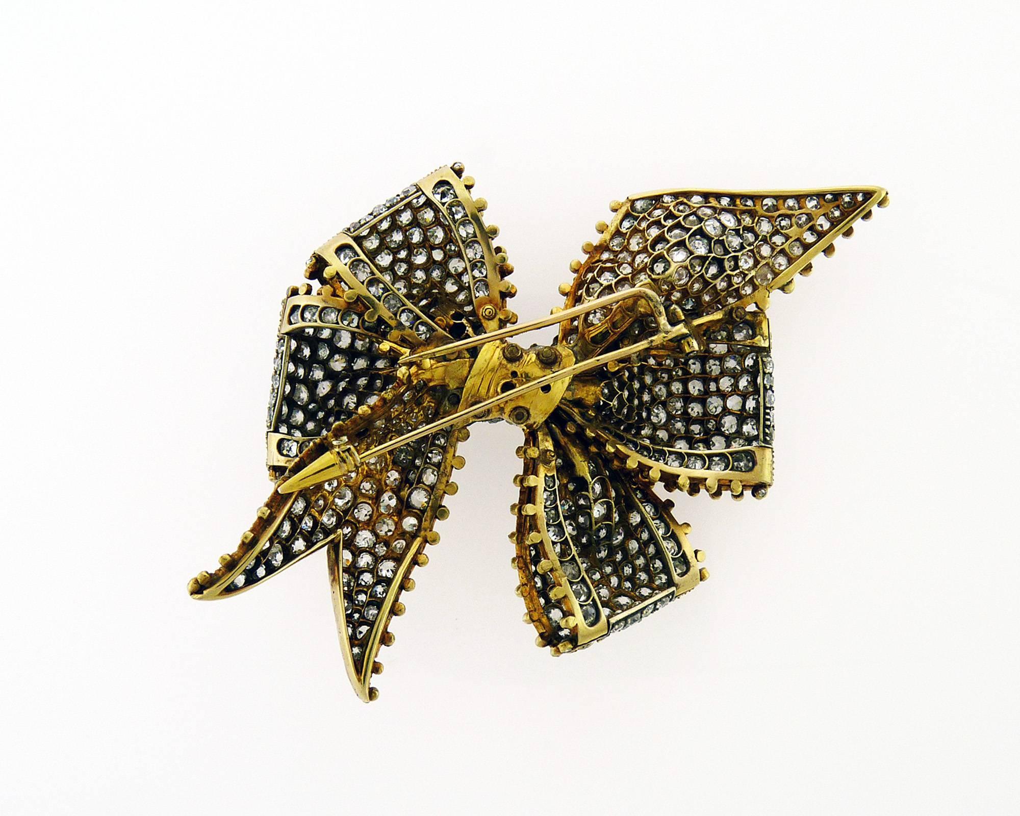 Antique Diamond 18 Karat Yellow Gold Bow Brooch, circa 1880 For Sale 2