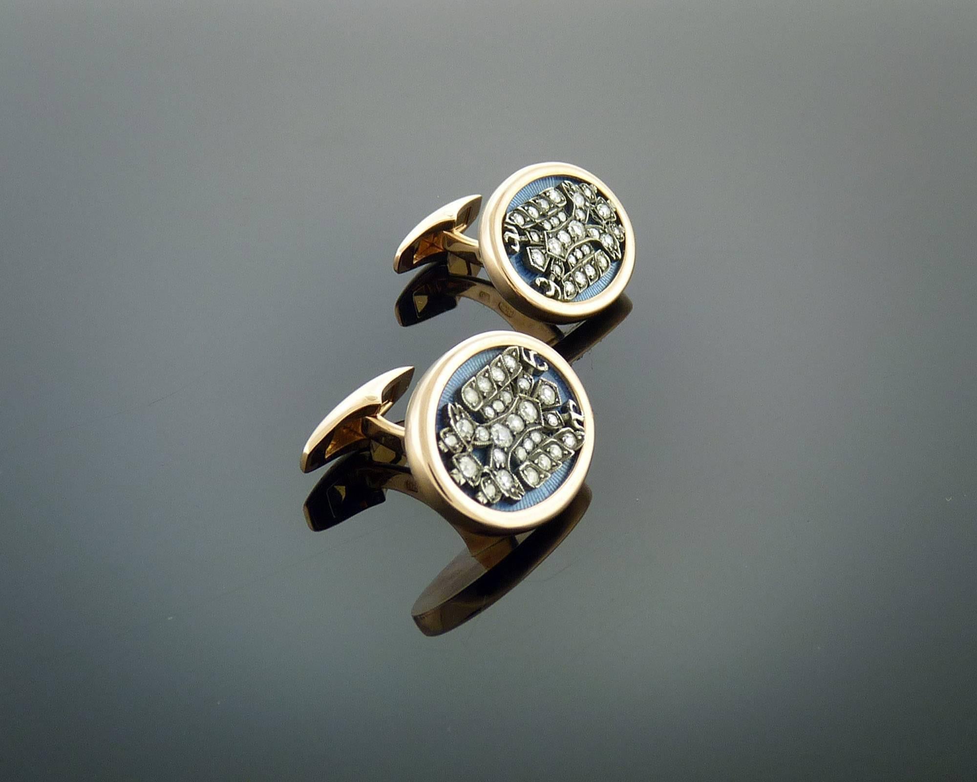 Diamond Enamel Silver Topped Rose Gold Cufflinks in Imperial Russian Style For Sale 1