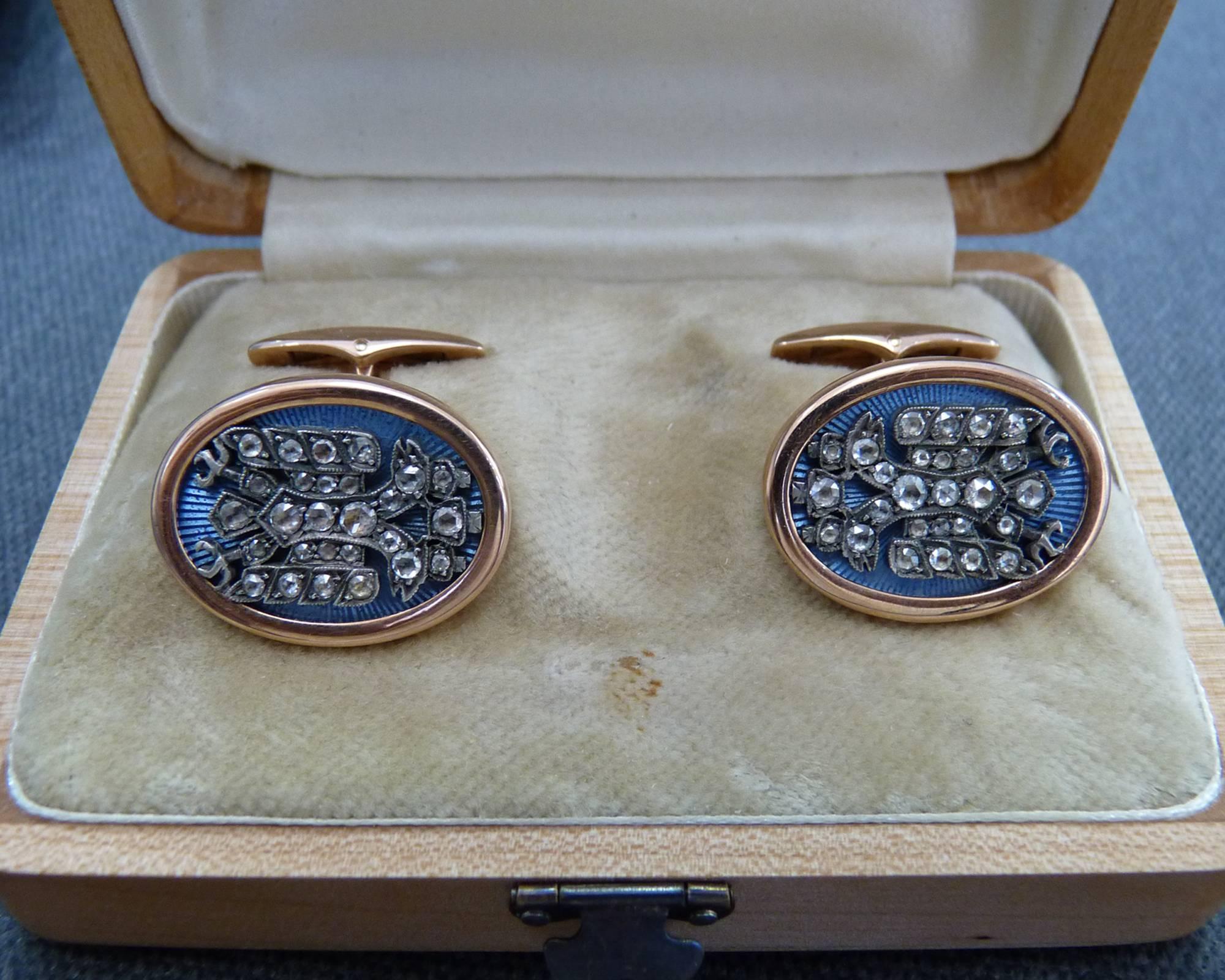 Rose Cut Diamond Enamel Silver Topped Rose Gold Cufflinks in Imperial Russian Style For Sale