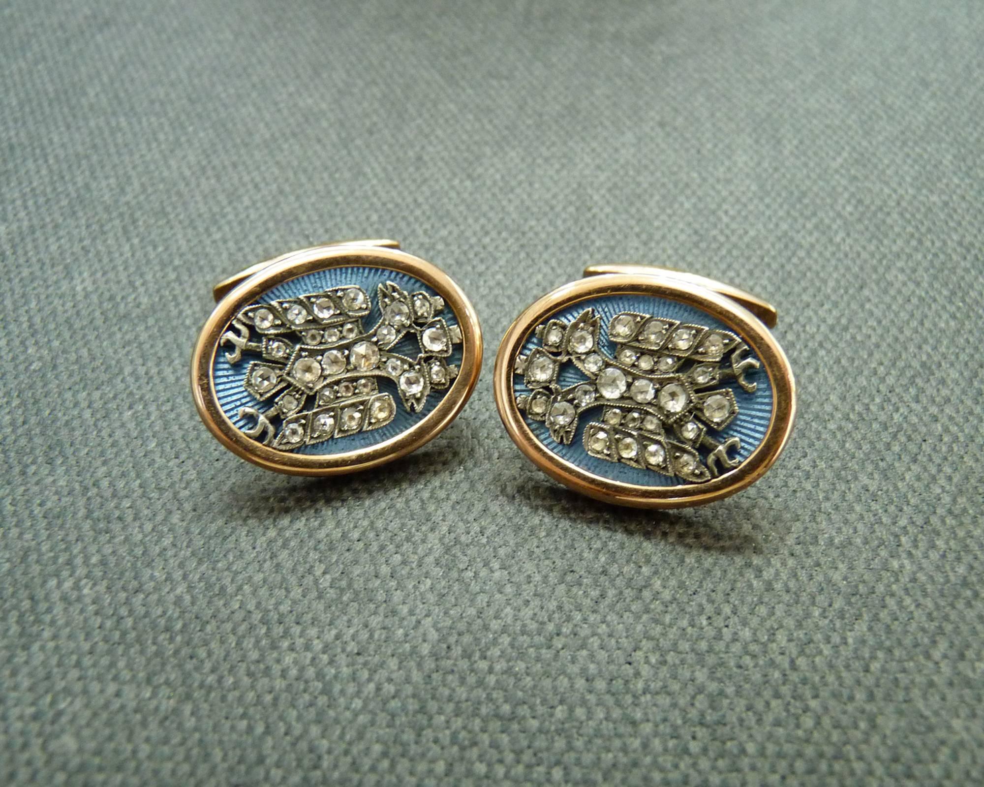 Diamond Enamel Silver Topped Rose Gold Cufflinks in Imperial Russian Style In Good Condition For Sale In New York, NY