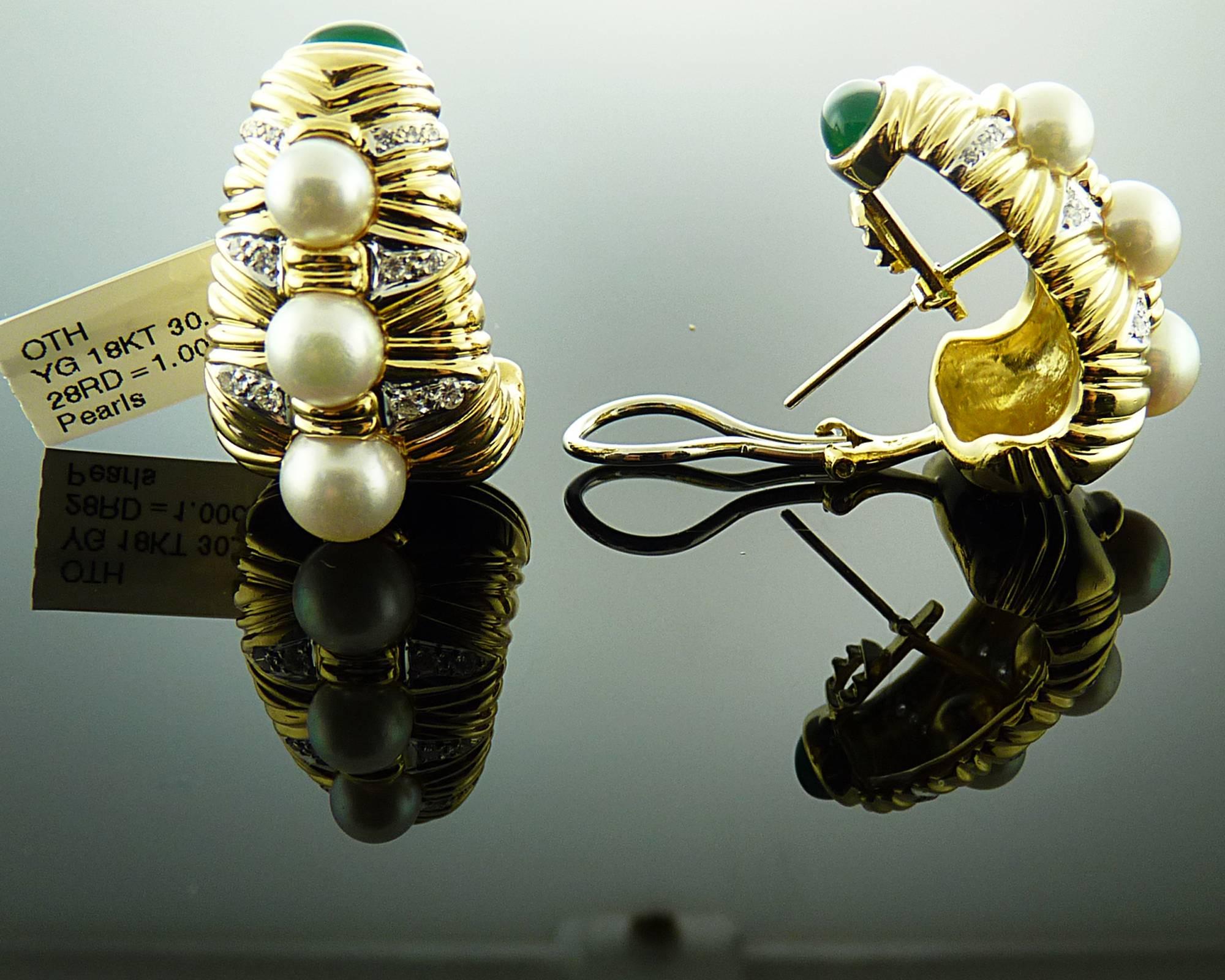 Modern Diamond Pearl Emerald 18 Karat Gold Earrings