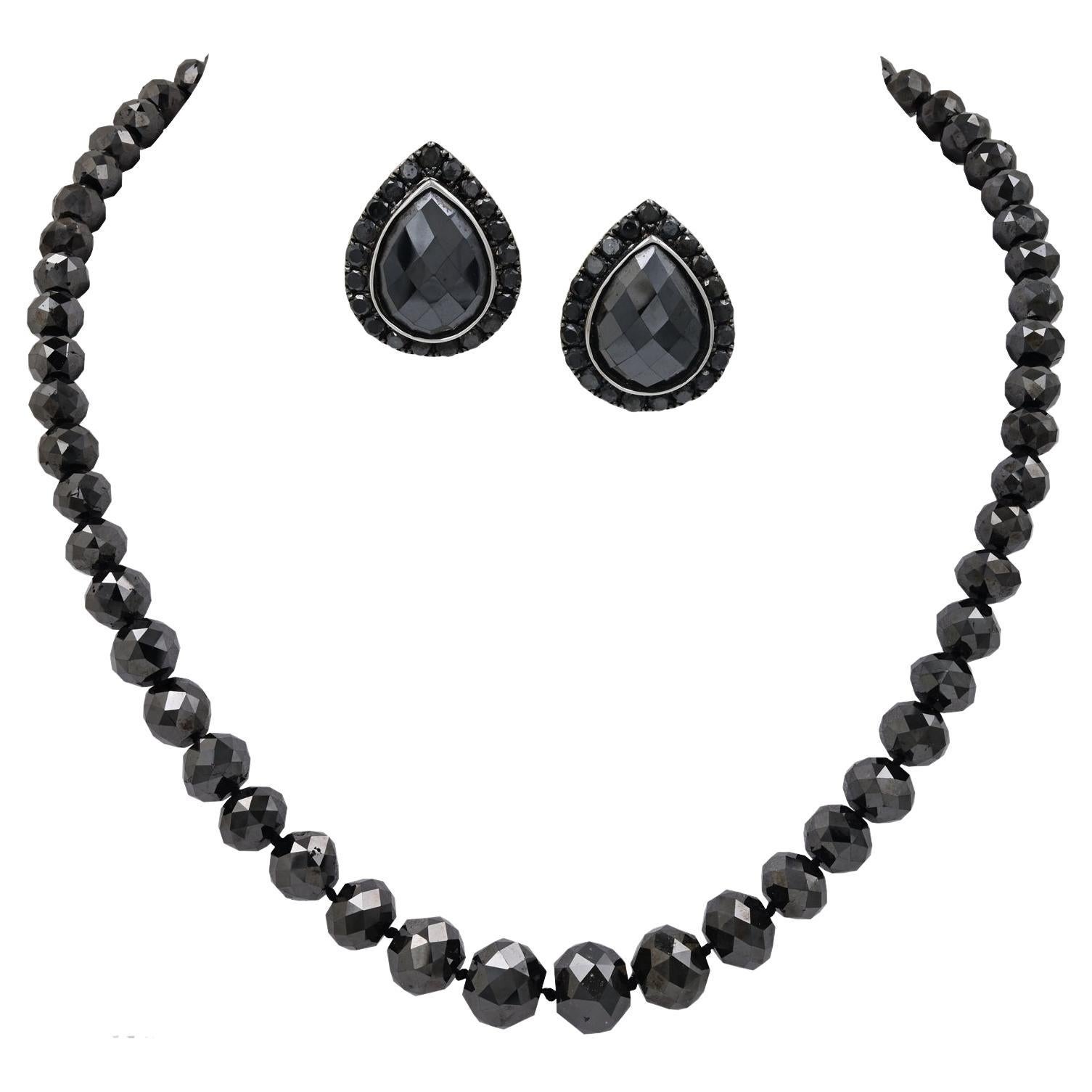 Spectra Fine Jewelry Black Diamond Necklace Earrings Demi Parure Suite For Sale