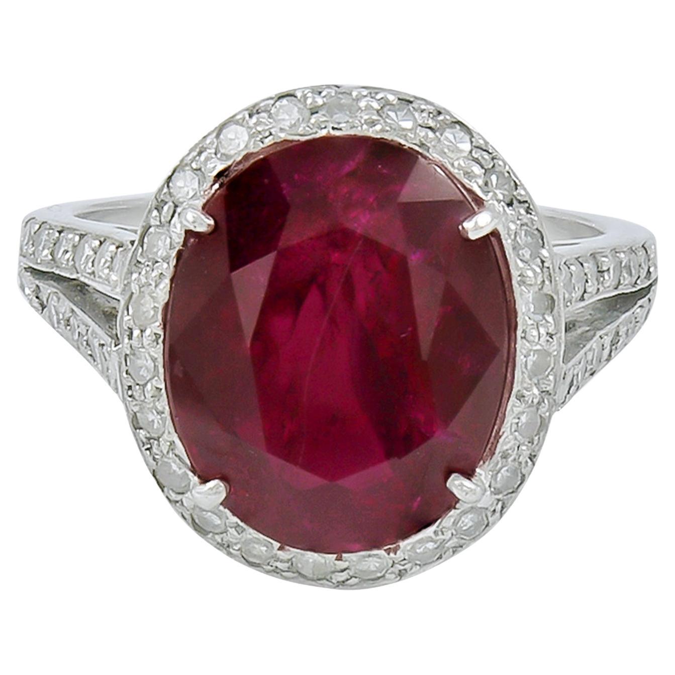 Spectra Fine Jewelry Certified 6.16 Carat Unheated Ruby Diamond Ring For Sale