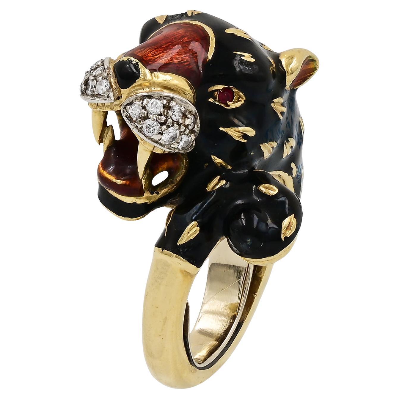 Diamond Enamel Leopard Cocktail Ring For Sale