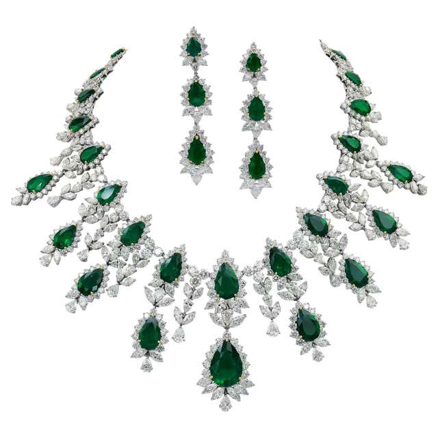AGL Certified Colombian Emerald and Diamond Necklace and Earring Suite ...