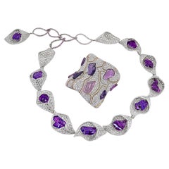 FORMULES GRS Certified Fancy Sapphire Diamond Necklace Cuff Demi-Parure Suite