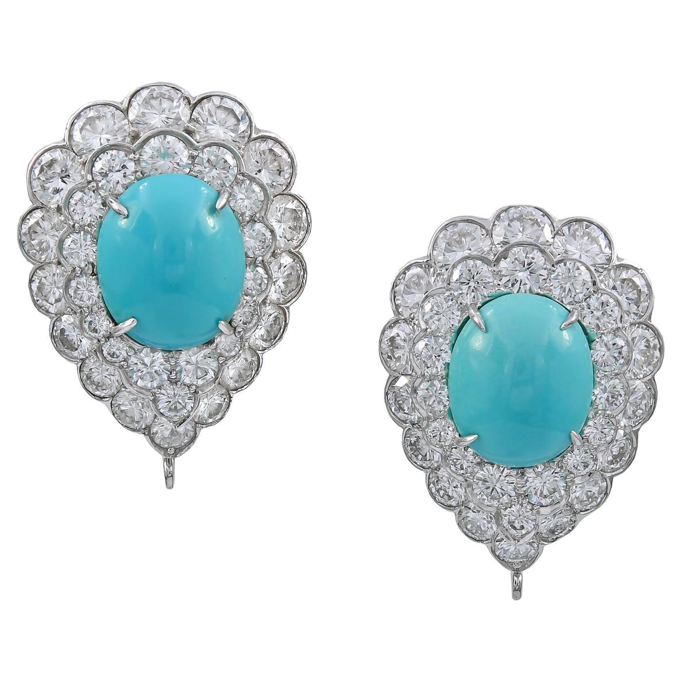 Van Cleef & Arpels Cabochon Turquoise Diamond Earrings, circa 1960s For Sale