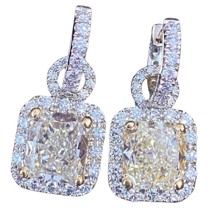 GIA Radiant cut Yellow Diamond Halo Drop Earrings in 18k White & Yellow Gold