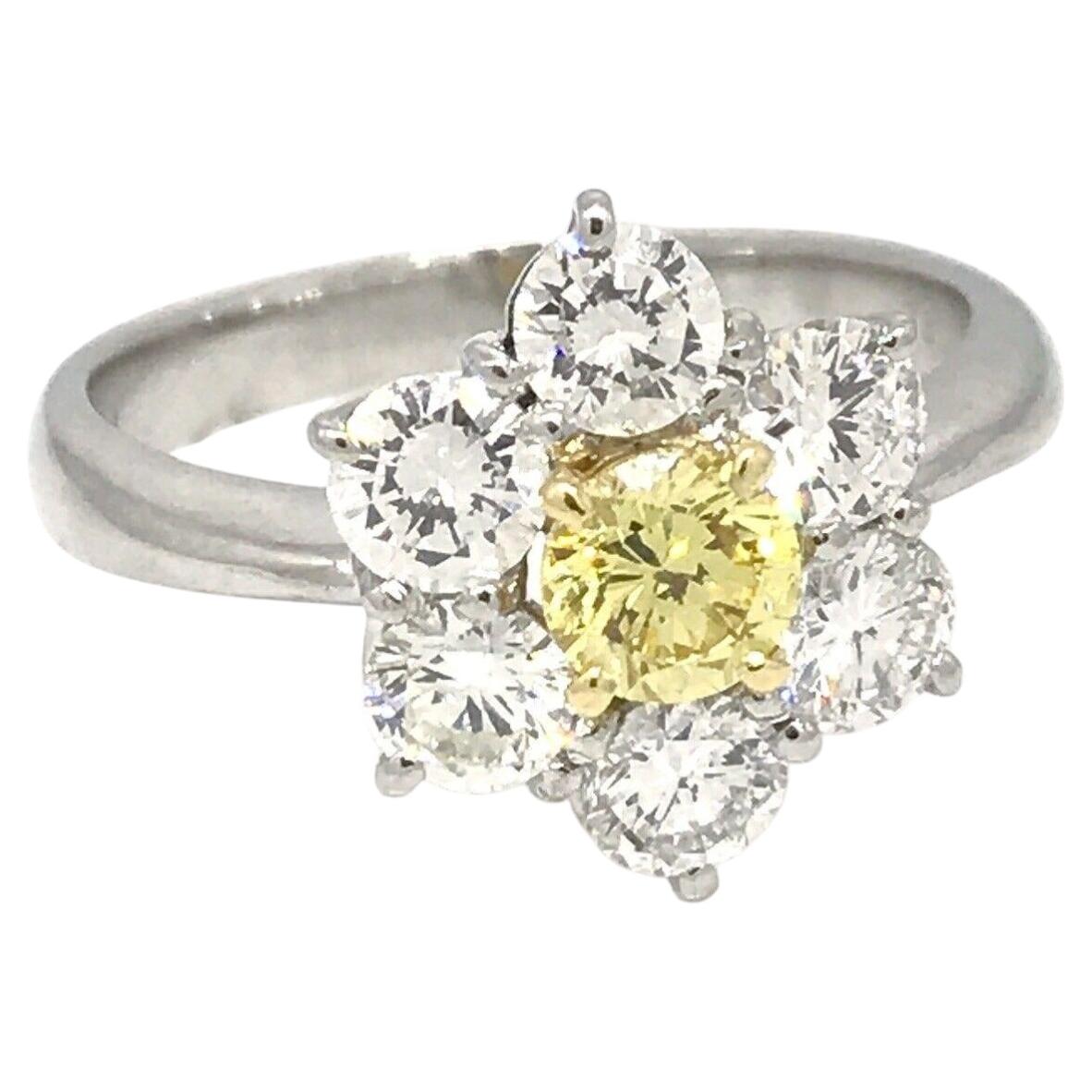 GIA Fancy Intense Yellow Diamond Flower Ring in Platinum and 18k Gold