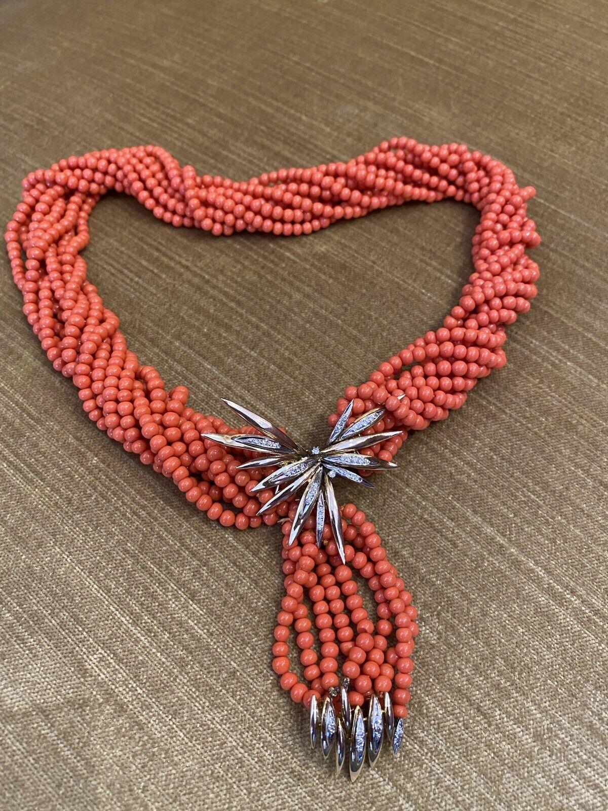 Vintage Multistrand Coral and Diamond Necklace 14k Yellow and White Gold For Sale