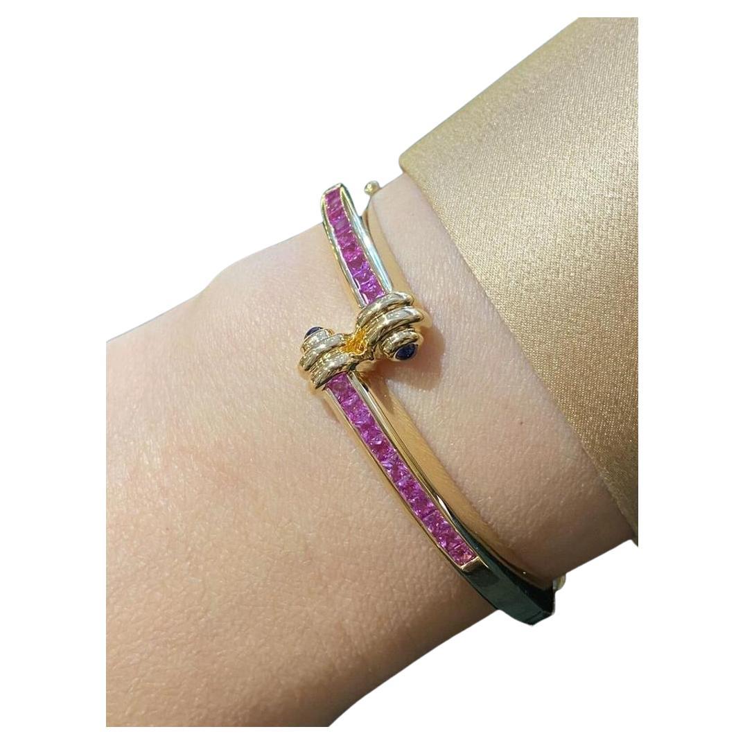 Pink Sapphire Crossover Bangle Bracelet in 18k Yellow Gold For Sale