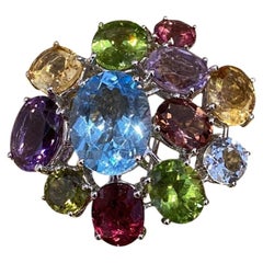 Asprey Multi Gem Brooch in 18k White Gold with Blue Topaz, Citrine, & Tourmaline