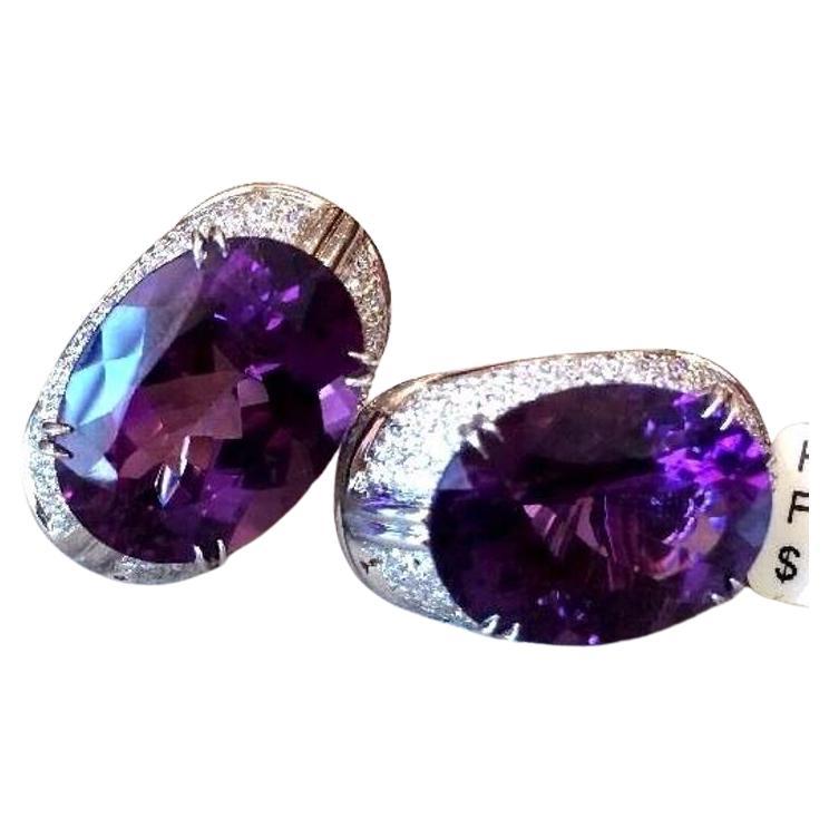 37.26 carat Oval Amethyst and Pave Diamond Earrings in 18K White Gold For Sale
