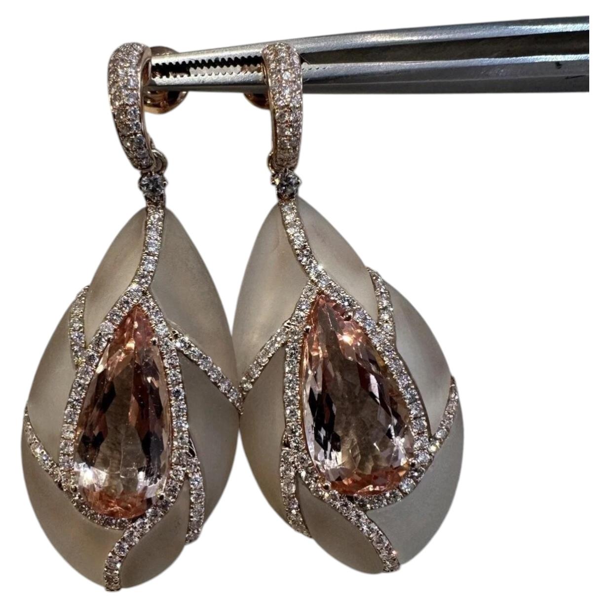 Morganite 40.87ct & Diamond Drop Earrings in 18k Rose Gold, 2.00ct