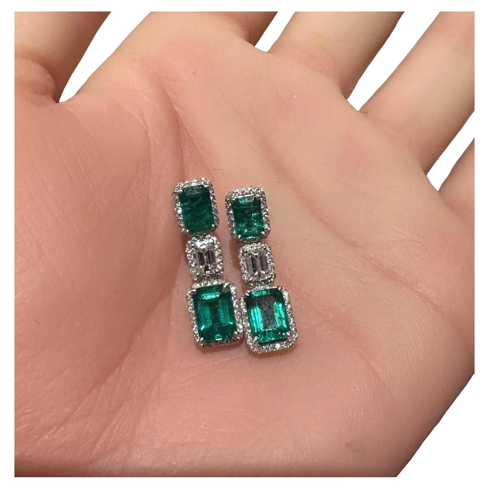 Natural Emerald and Diamond Drop Earrings in 18k White Gold