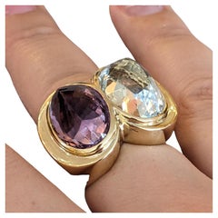 Large Aquamarine & Amethyst Cocktail Ring in 18k Gold, Size 9.5ct