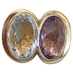 Large Aquamarine & Amethyst Statement Ring in 18k Yellow Gold, Size 9.5