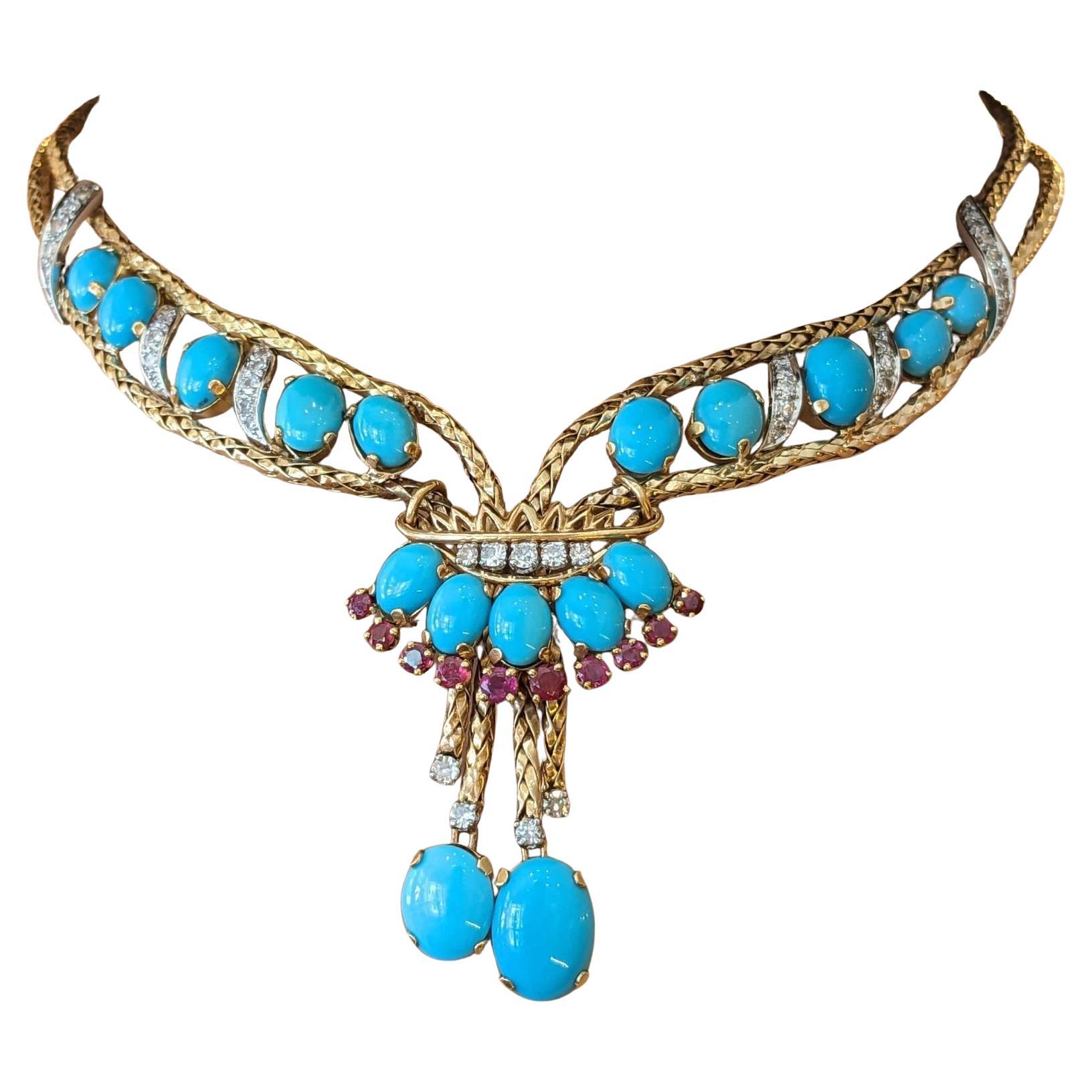Collier en or jaune 18k et platine avec turquoise française, rubis et diamants en vente