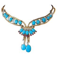 Collar de Turquesa Francesa, Rubí y Diamantes en Oro Amarillo de 18k y Platino
