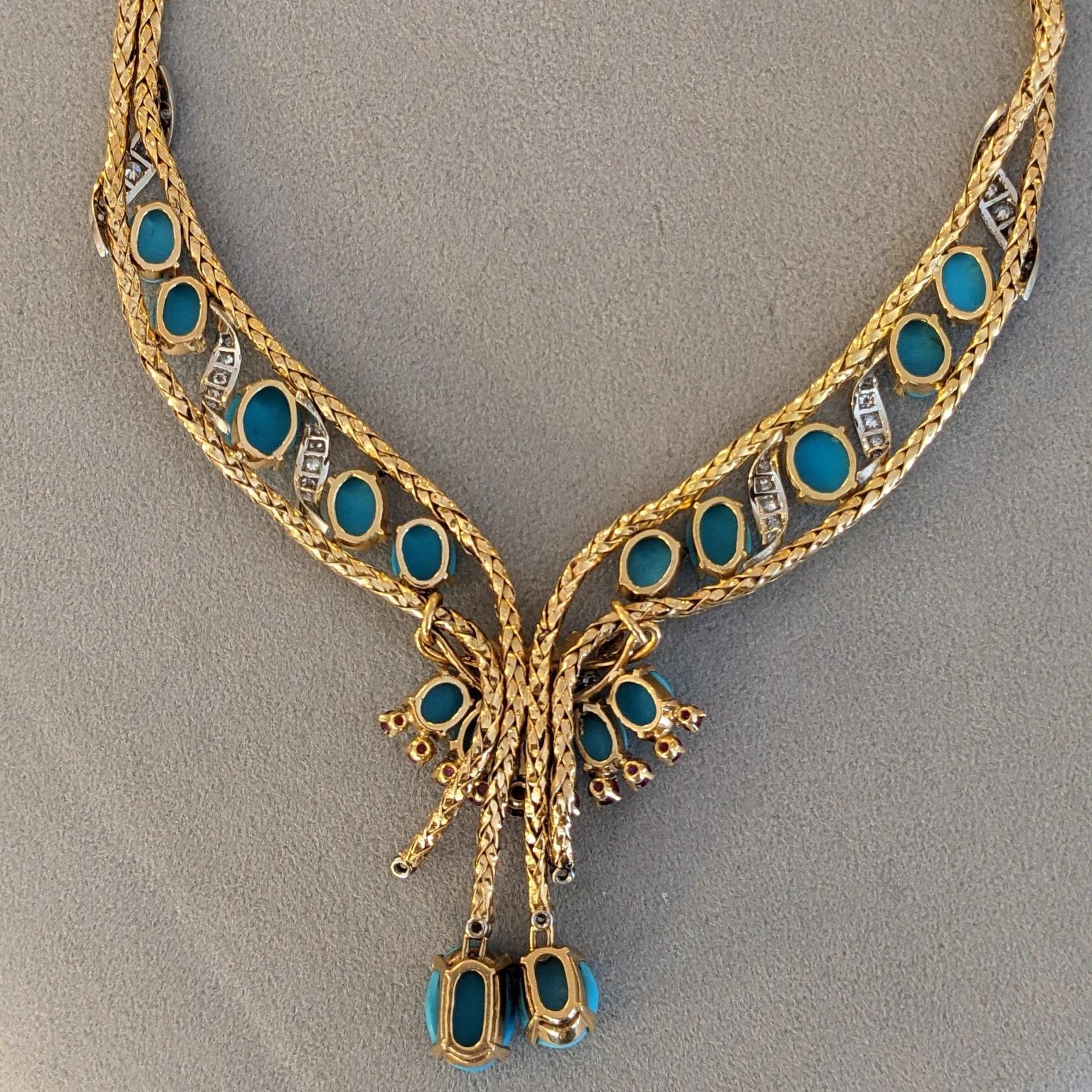 Collier en or jaune 18k et platine avec turquoise française, rubis et diamants en vente 2