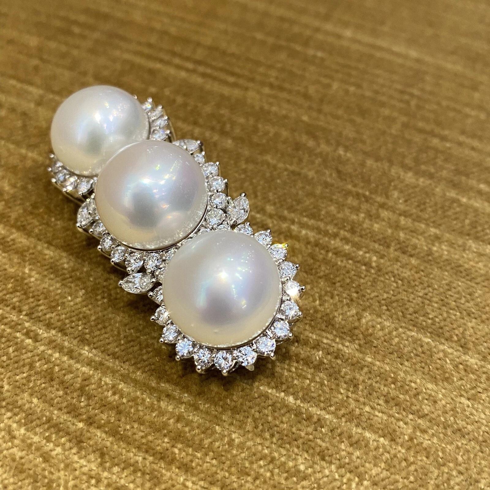 Spilla a barretta con perle dei mari del sud e diamanti in platino In condizioni ottime in vendita a La Jolla, CA
