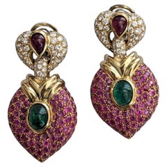 Pave Ruby, Diamond & Emerald Doorknocker Earrings in 18k Yellow Gold
