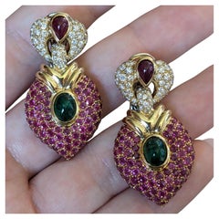 Pave Ruby, Diamond & Emerald Doorknocker Earrings in 18k Yellow Gold