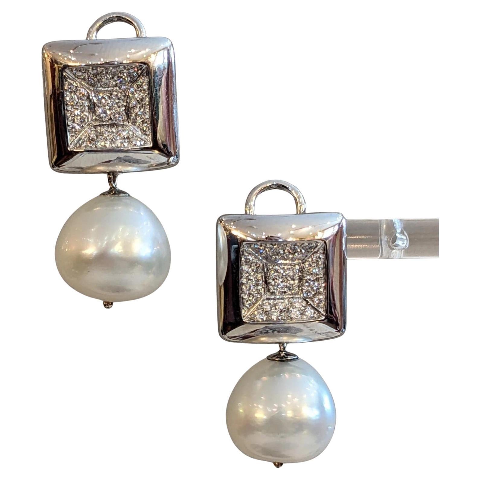 Square Shaped Diamond Drop Earrings with 14mm Pearl in 18k White Gold