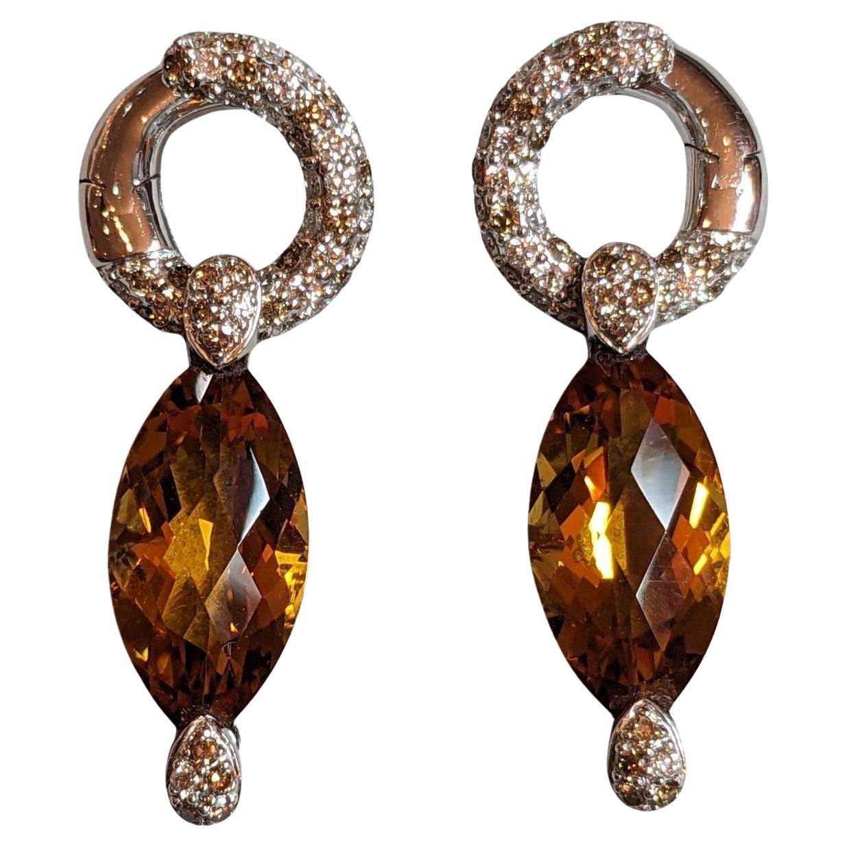 Adamas Citrine and Diamond Drop Earrings in 18k White Gold