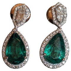 Pear Emerald and Diamond Drop Earrings in 18k White Gold