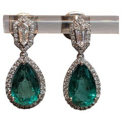 Pear Emerald and Diamond Drop Earrings in 18k White Gold