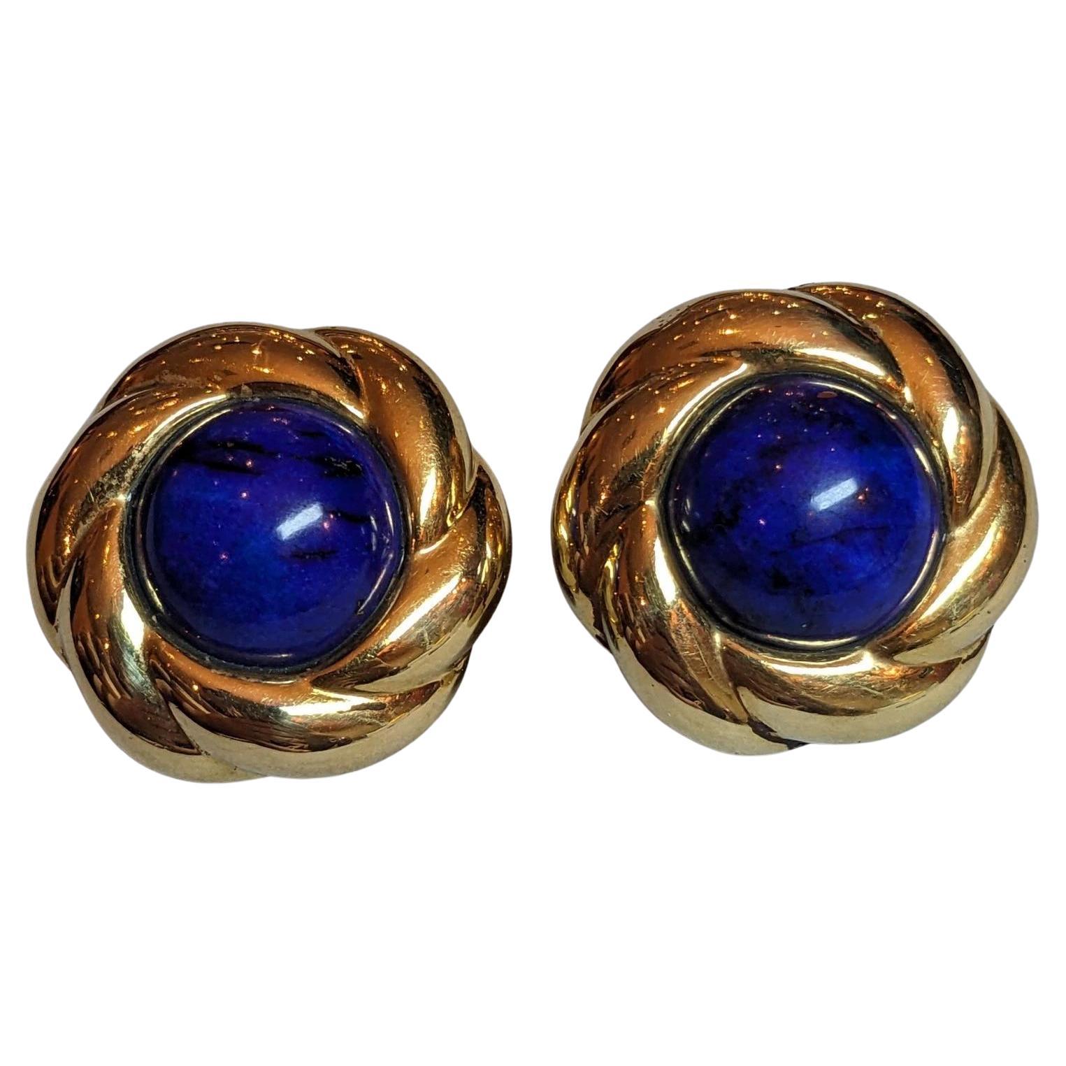 Vintage Lapis große Knopf-Ohrringe in 18k Gelbgold im Angebot