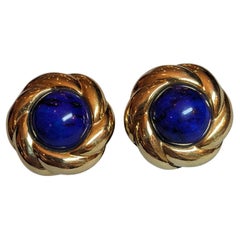 Vintage Lapis Large Button Earrings in 18k Yellow Gold