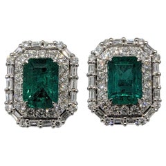 GIA Certified 4.42ct Emerald Diamond Halo Earrings in 18k White Gold