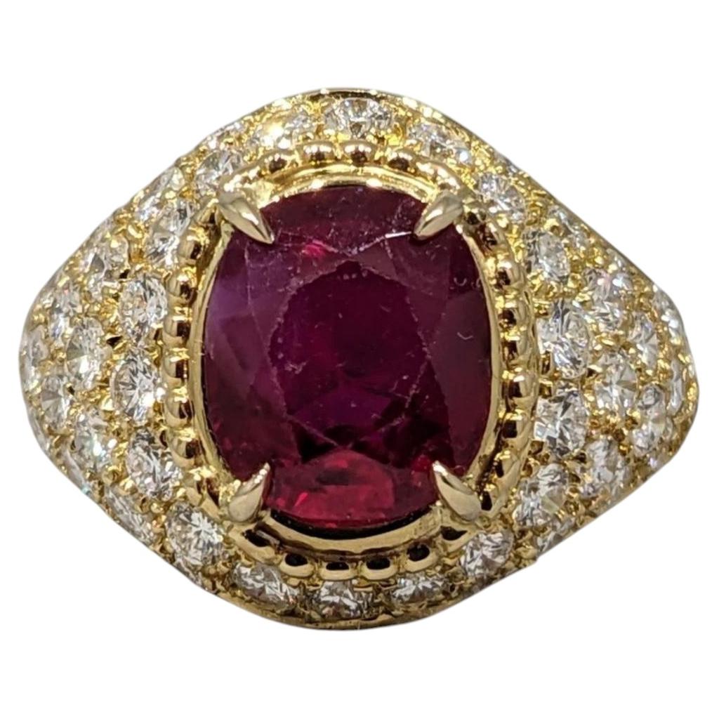 AGL Unheated 3.01 ct Natural Red Ruby in Diamond 18k Yellow Gold Ring