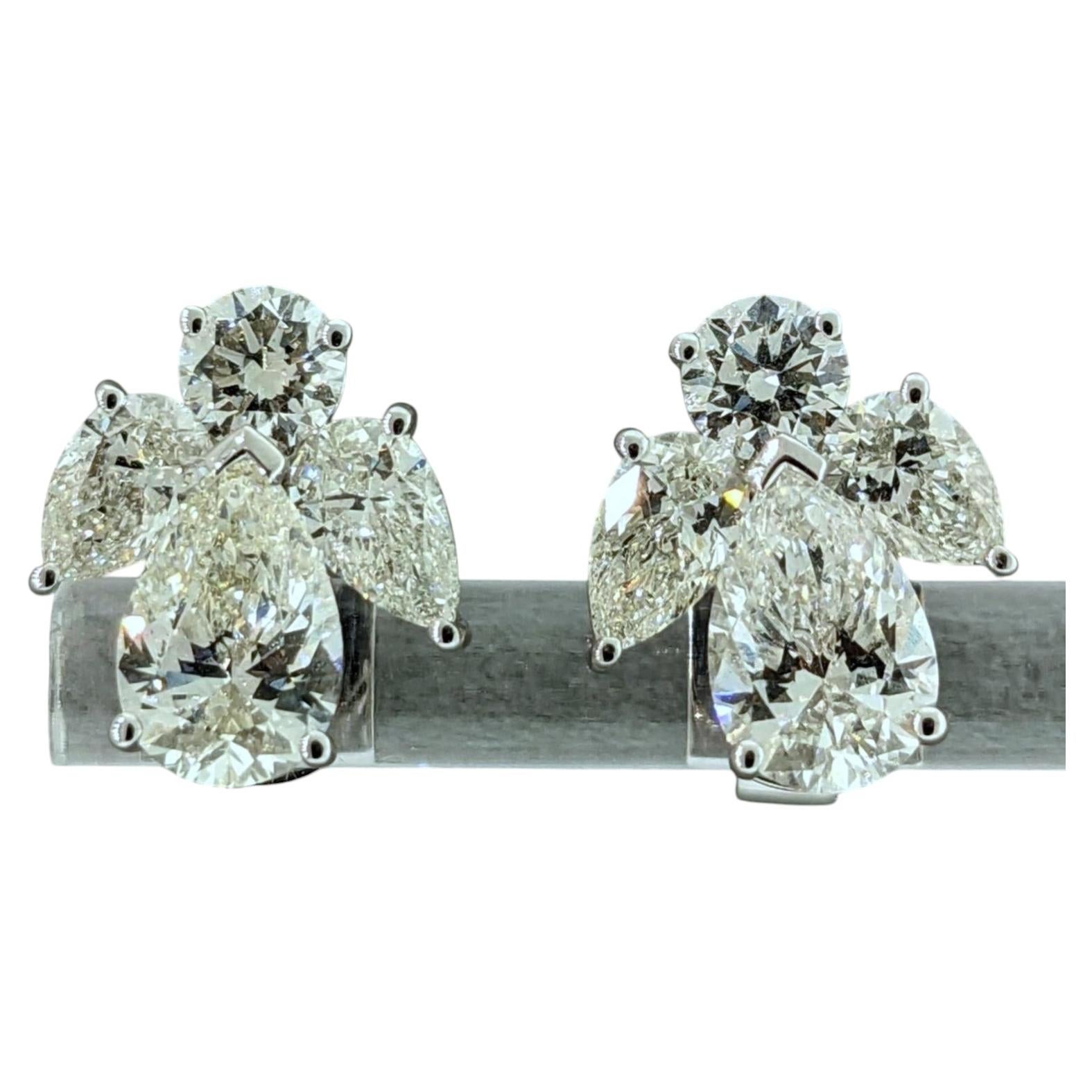 GIA Certified 3.83ct Round & Pear Diamond Cluster Earrings in 18k Gold For Sale