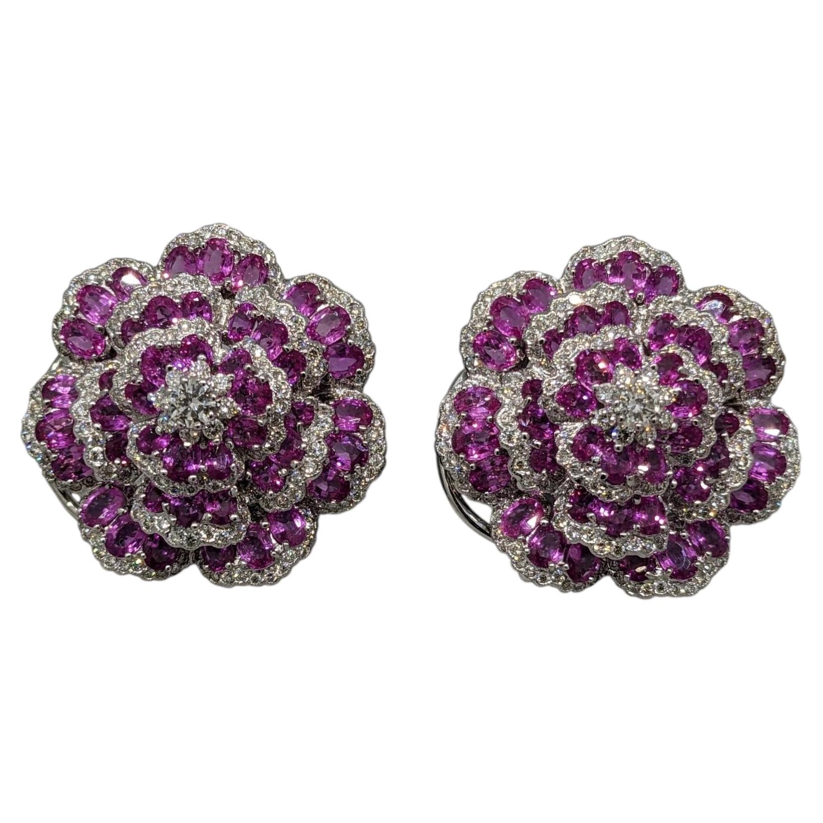 Pink Sapphire and Diamond Tiered Flower Earrings in 18k White Gold For Sale