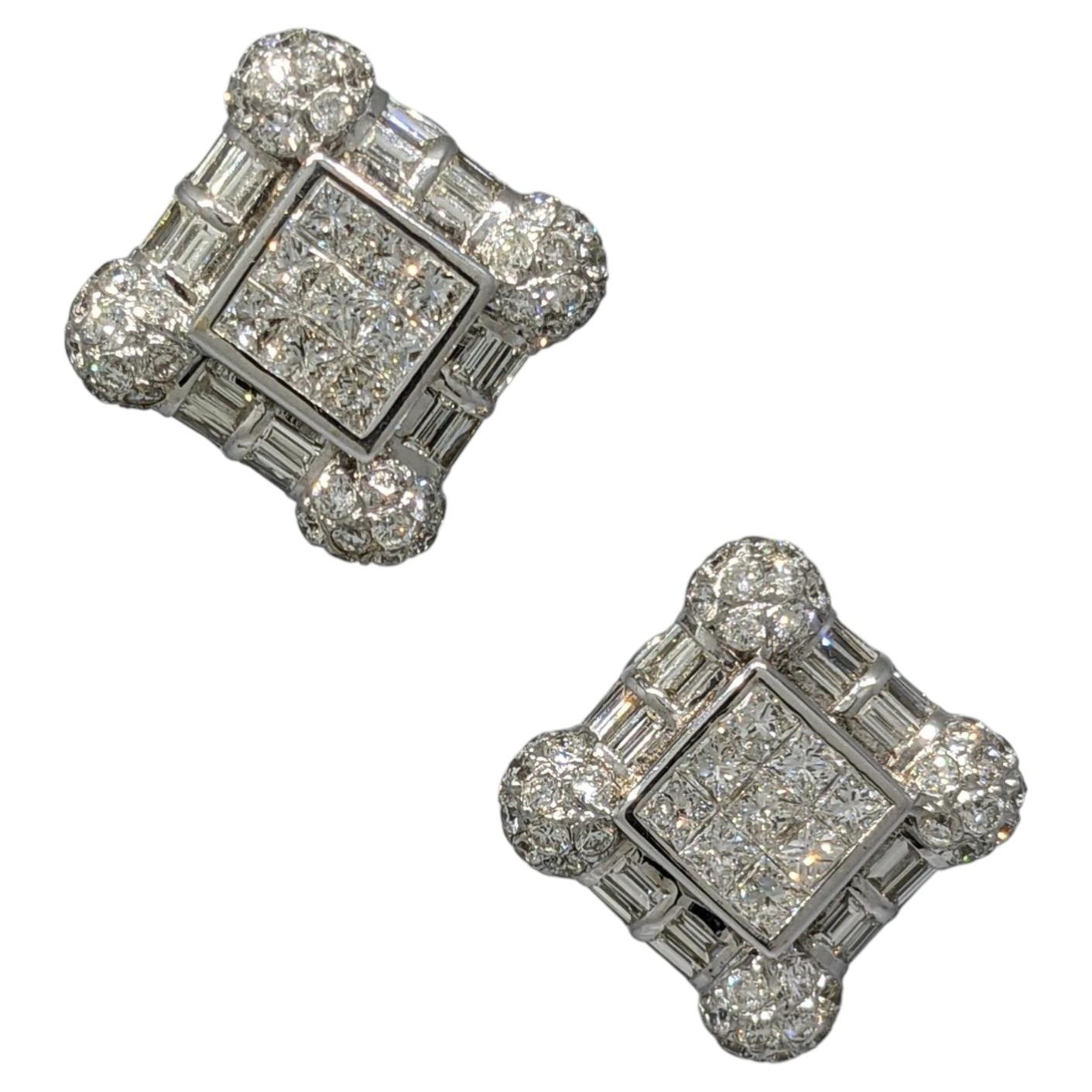 Natural Diamond Square Button Earrings in 18k White Gold