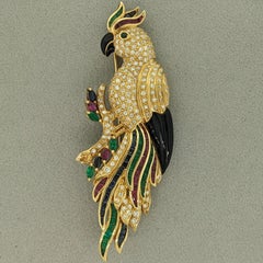 Large Parrot Pin/Brooch with Diamonds and Gemstones in 18k Yellow Gold