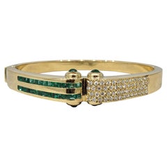 Emerald and Diamond Hinged Bangle Bracelet in 18k Yellow Gold