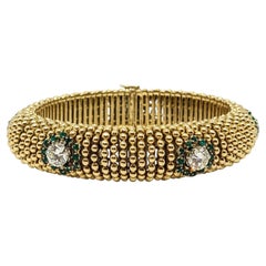 Bracciale vintage con perline a cupola con diamanti e smeraldi, in oro giallo 18 carati