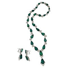 AGL Pear Emerald & Diamond Necklace Earrings Set in 18k White Gold