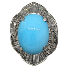 Large Turquoise and Baguette Diamond Cocktail Ring in Platinum