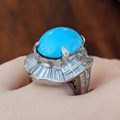 Large Turquoise and Baguette Diamond Cocktail Ring in Platinum