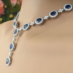 Natural Sapphire & Diamond Y-Drop Necklace in 18k White Gold, 25.71ct