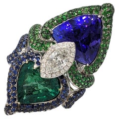 GIA Natural Emerald and Tanzanite and Diamond Ring in 18k White Gold