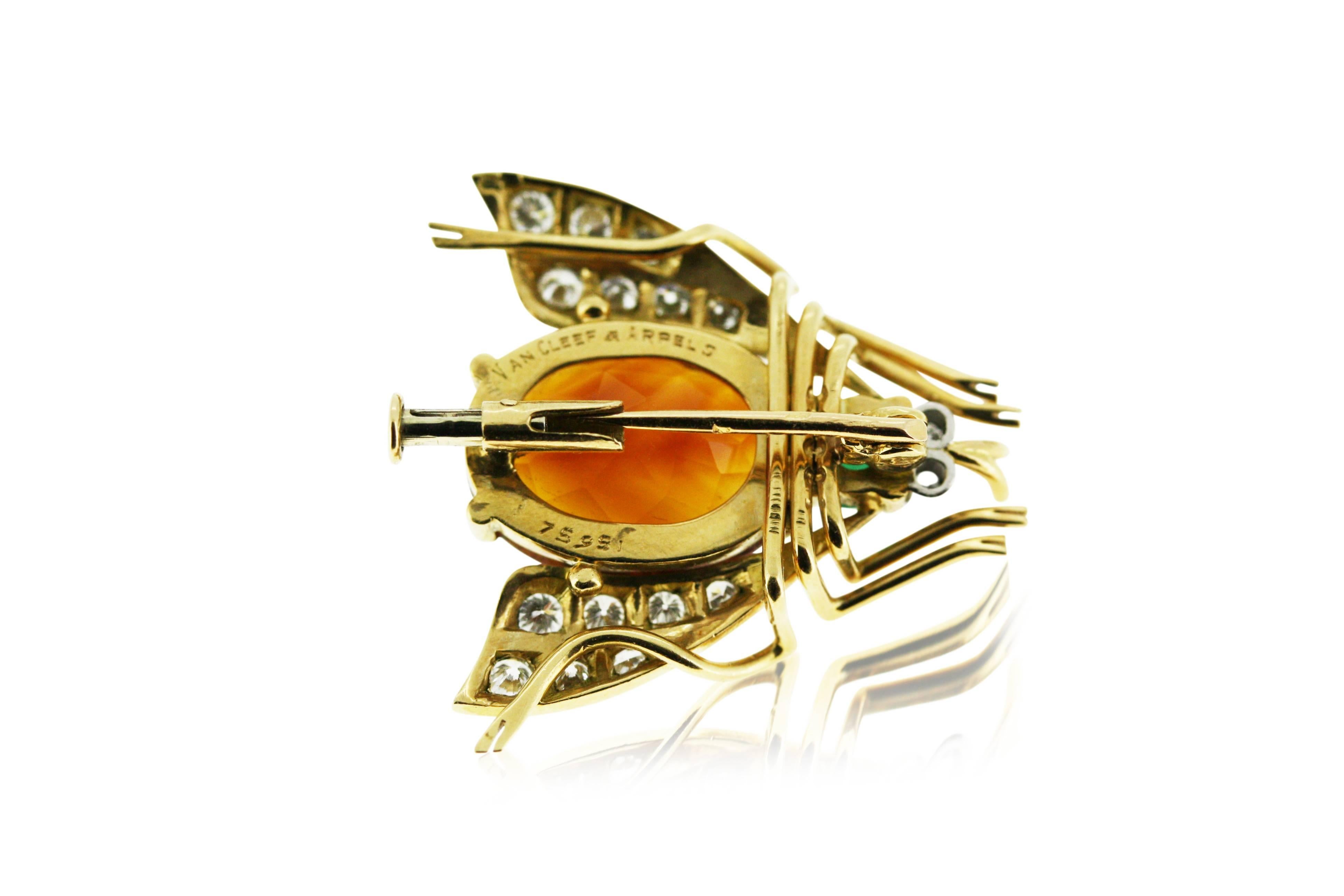 18K gold, diamond, cabochon emerald and citrine fly pin. French Hallmarks.