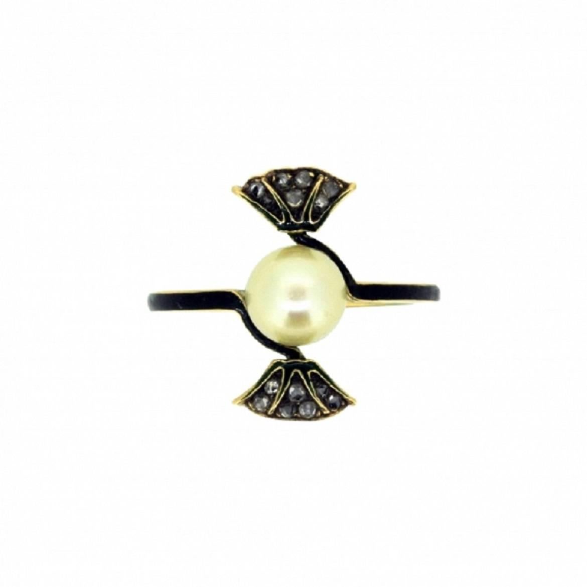 1890s René Lalique Art Nouveau Enamel Pearl Diamond Gold Ring  For Sale