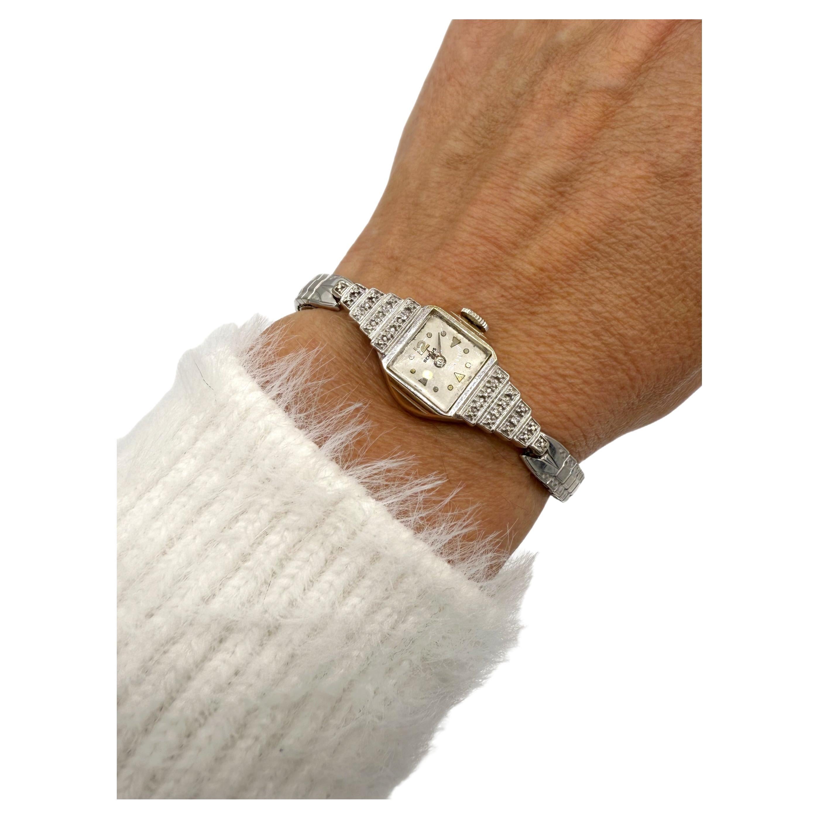 1930s Benrus 14K White Gold Art Deco Diamond Skyscraper Wristwatch