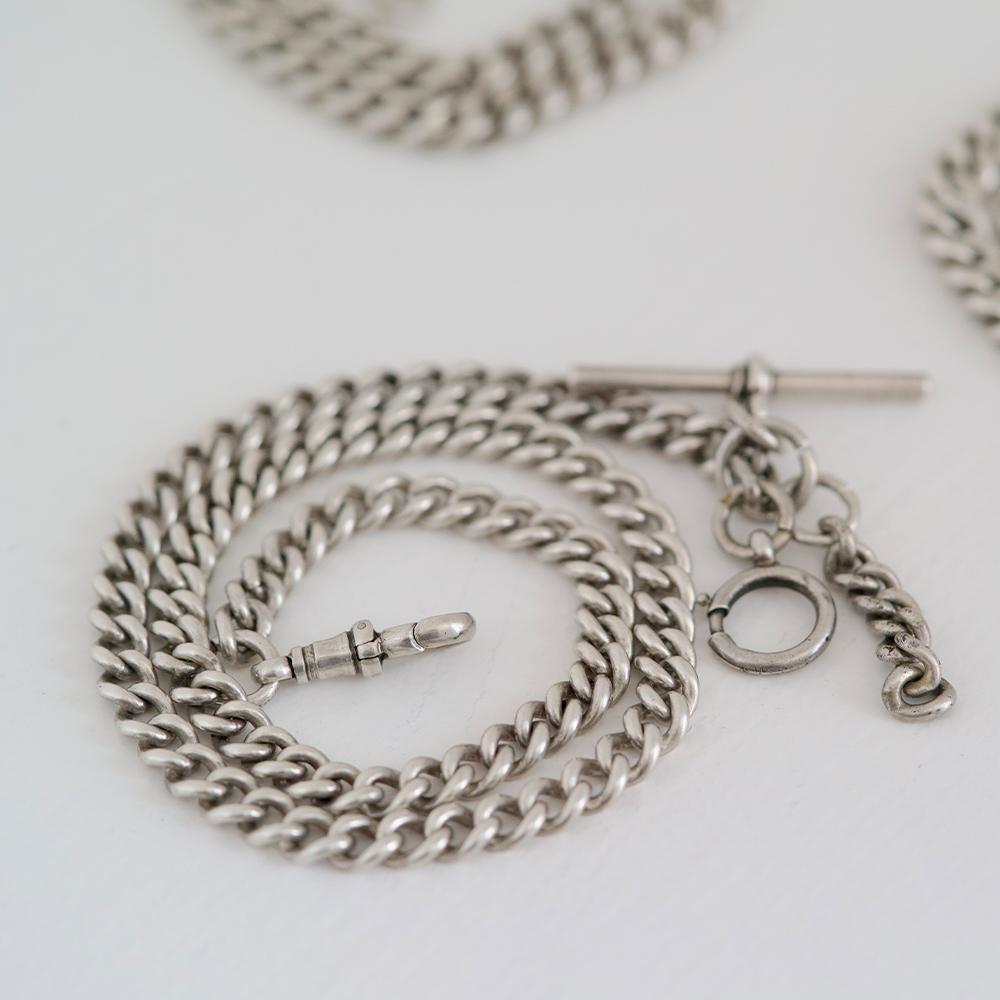 Antica collana con catena di orologi Albert in argento sterling degli anni '40 In condizioni buone in vendita a London, GB